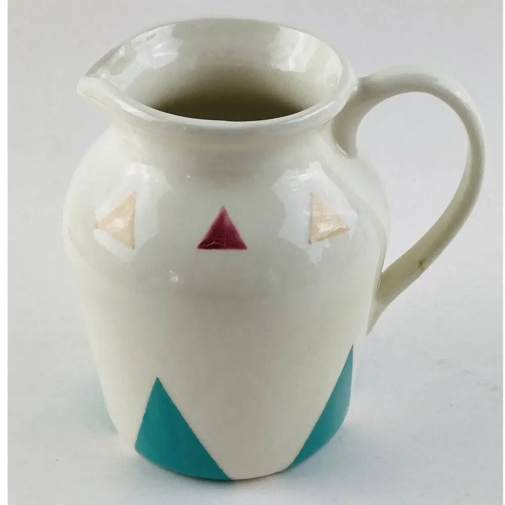 STORYTELLER ARTS Graphic Pitcher Pot Triangles Rare Turquoise Hand Painted 6.5